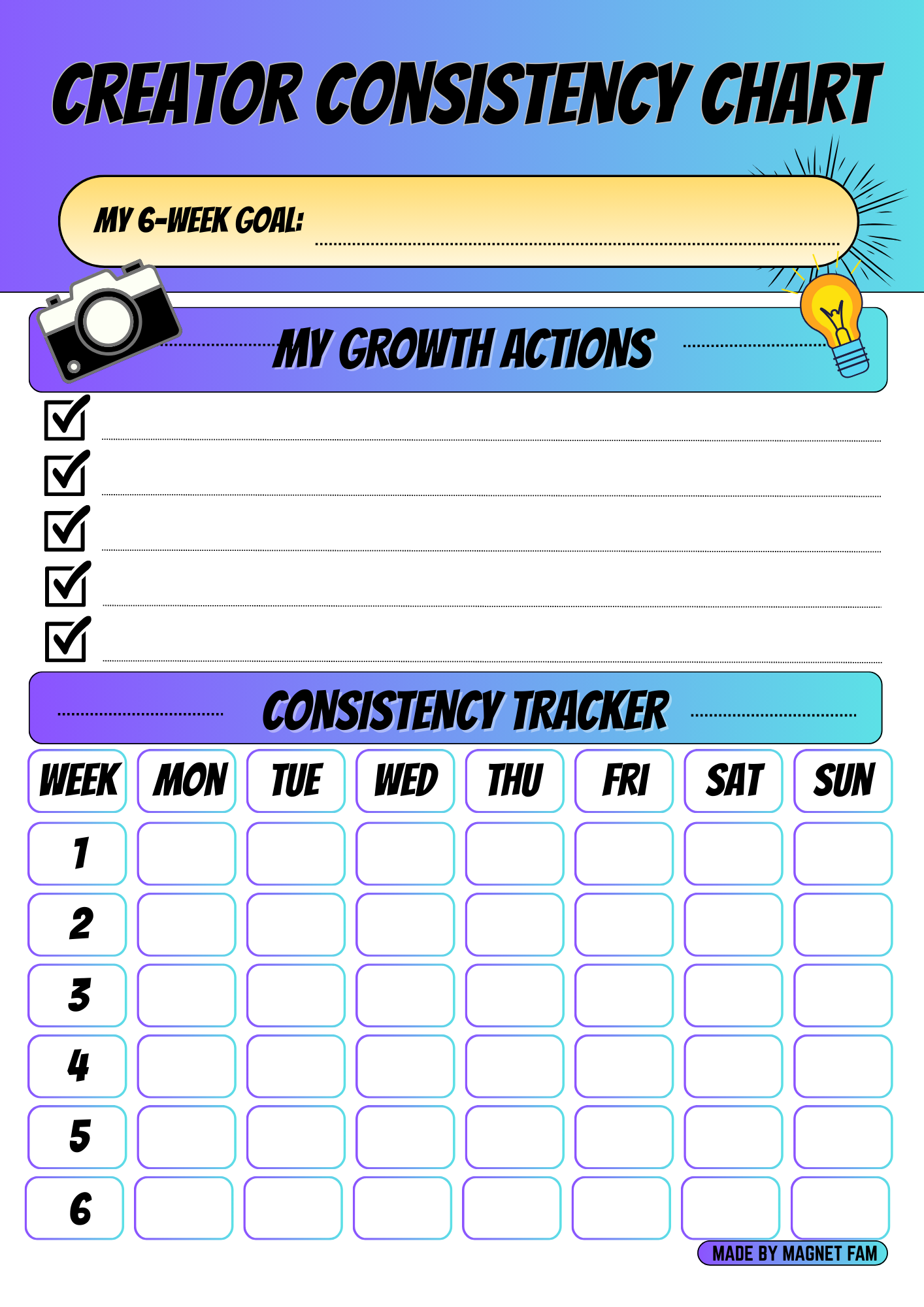 6 Week Creator Consistency Chart – Daily Activity Tracker